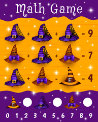 Halloween witch hats. Math game worksheet. Children Halloween mathematical playing activity, addition and subtraction kids puzzle vector worksheet with witch, wizard, sorcerer or mage spooky hats