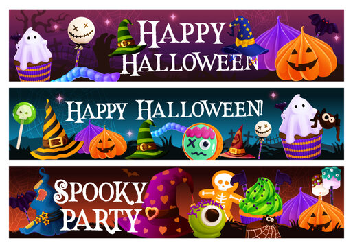 Cartoon Halloween sweets, dessert and cookies. Halloween background or vector horizontal banner with pumpkin Jack o lantern marshmallow, zombie cookie and ghost cupcake, Halloween spooky pastry