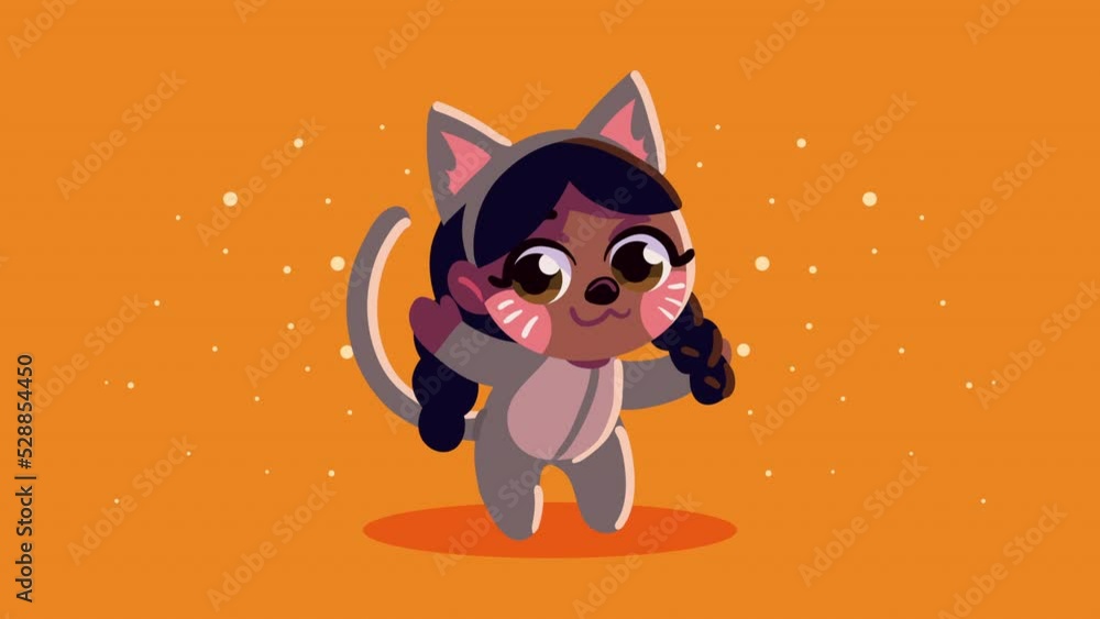 Poster happy halloween animation with little girl cat