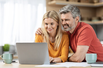 Loving couple paying bills on Internet together