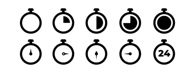 Timer icon set. Stopwatch timer collection. Countdown circle clock counter timer. Fast time icon with black style.