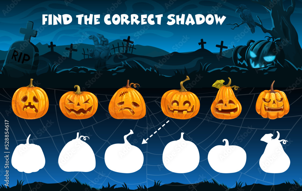 Aufkleber find the correct shadow of halloween pumpkins in cobweb. shadow match kids game, child quiz or riddl