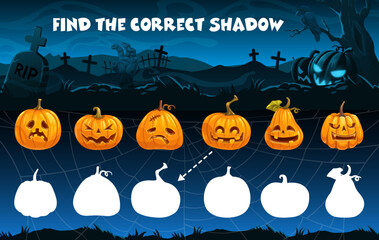 Find the correct shadow of Halloween pumpkins in cobweb. Shadow match kids game, child quiz or riddle vector worksheet with Halloween funny and evil Jack o lanterns, night cemetery and spider web