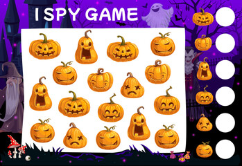 I spy game. Cartoon Halloween eerie pumpkins. Children calculation riddle or kids playing activity vector worksheet with Halloween Jack o lantern, spooky pumpkins carvings and night cemetery monsters