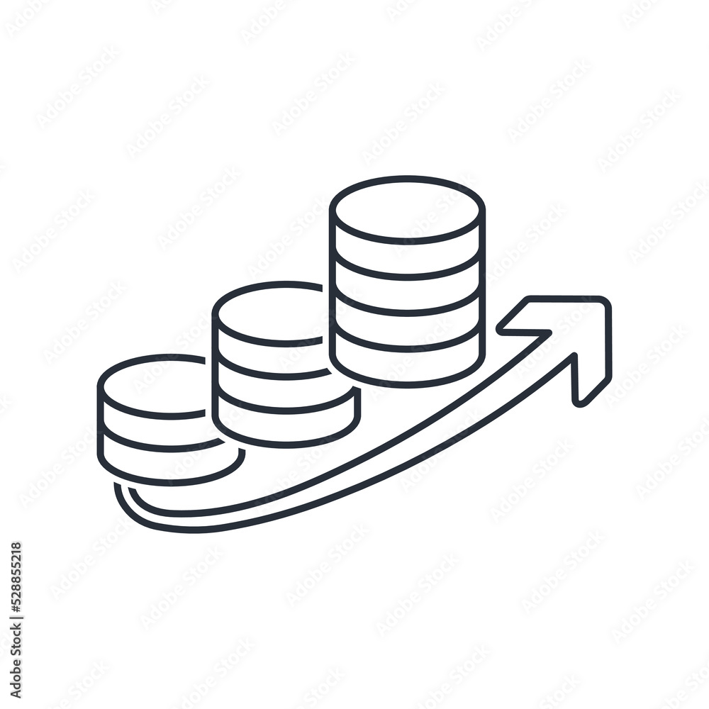 Poster stacks of coins and up arrow. additional financing. increasing costs. vector linear icon isolated on