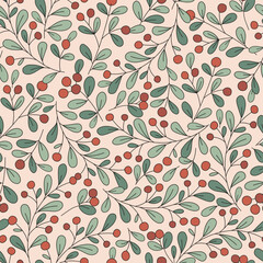 Christmas mistletoe with red berries Xmas plant vector seamless pattern. Boho Vintage holiday season floral decoration background. Holiday season surface design for gift wrapping paper.