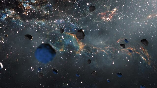 Galaxy Space flight exploration with space rock scene. Fligh  through outer space at  Central Cygnus Sky Milky way. 4K animation of flying through glowing nebulae, clouds and stars field.