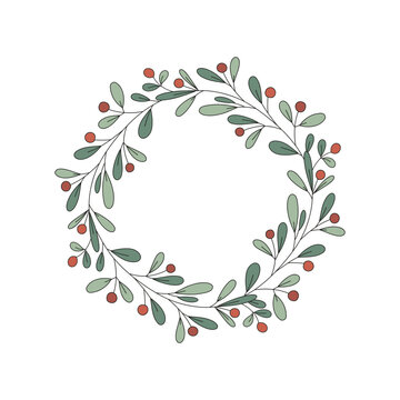 Christmas mistletoe wreath with red berries vector illustration isolated on white. Xmas plant Vintage round frame. Botanical holiday festive season arrangement.