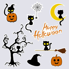Happy Halloween  stickers set of cats. Vector illustration. 