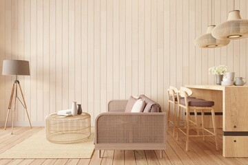 Mock up house slatted wall white blank bohemian style living room interior background with beige sofa and dining table set 3d rendering - obrazy, fototapety, plakaty