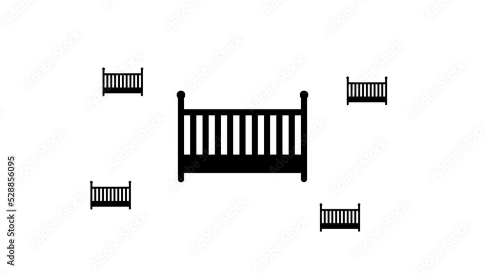 Poster zoom in and out animation the baby cot symbol. large black symbol in the center and four small symbo