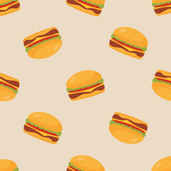 Burger seamless pattern. Vector illustration. For menu, posters, banners, printing on the pack, printing on clothes, fabric, wallpaper.