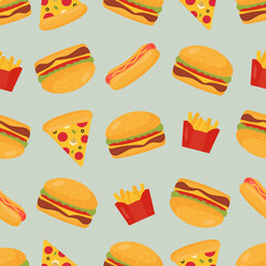 Fast food seamless pattern. Vector illustration. For menu, posters, banners, printing on the pack, printing on clothes, fabric, wallpaper.