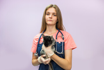 woman veterinarian holding chinchilla in her arms