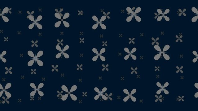 Abstract star symbols float horizontally from left to right. Parallax fly effect. Floating symbols are located randomly. Seamless looped 4k animation on dark blue background
