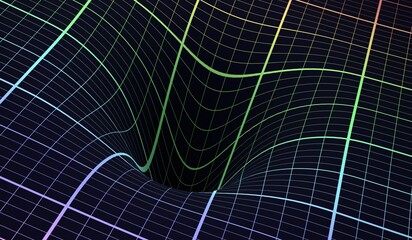 Abstract tunnel, the black hole. Curvature of surface. Color grid texture. 3D render