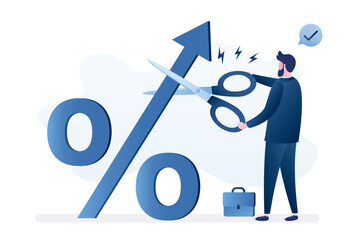 Stop Inflation, concept. High interest rate on loans. Economic crisis, central bank raised interest rate to curb soaring inflation. Businessman or politician cuts percentage mark with scissors. - obrazy, fototapety, plakaty