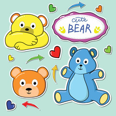 Colorful cute bears stickers set collection, Teddy bears vector