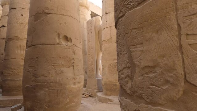 Hand-held Footage Of The Large Pillars Within The Luxor Temple 