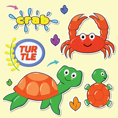 Sea animals stickers set, Vector collection, Turtle and crab