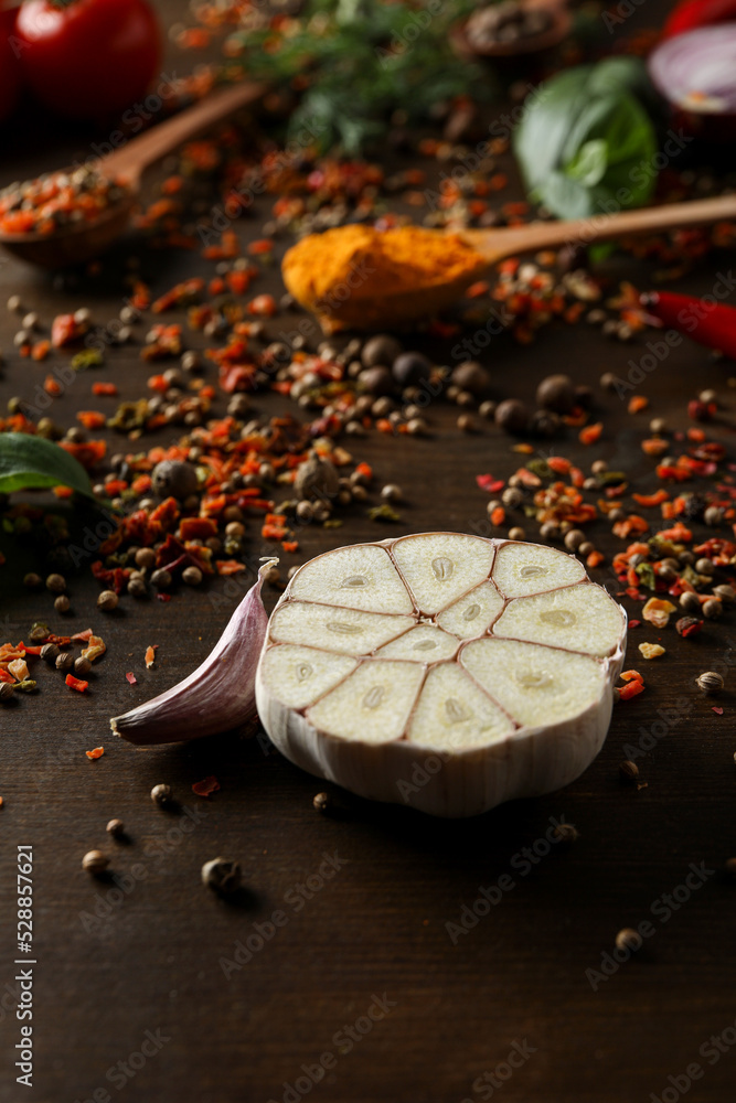 Poster Concept of cooking, different spices, close up