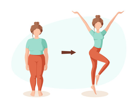 The result of a healthy lifestyle. A woman before and after. Sports and diet. Cartoon design.