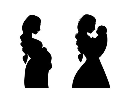 Set of black silhouettes of a pregnant woman and mommy holding a newborn baby, side view. Outline of a mom expecting the birth of a baby, vector illustration isolated on a white background.