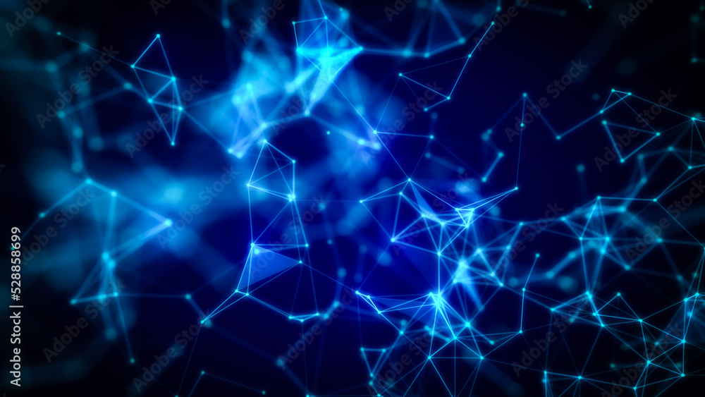 Wall mural 3d abstract geometric background. triangles, dots and lines are connecting with shine