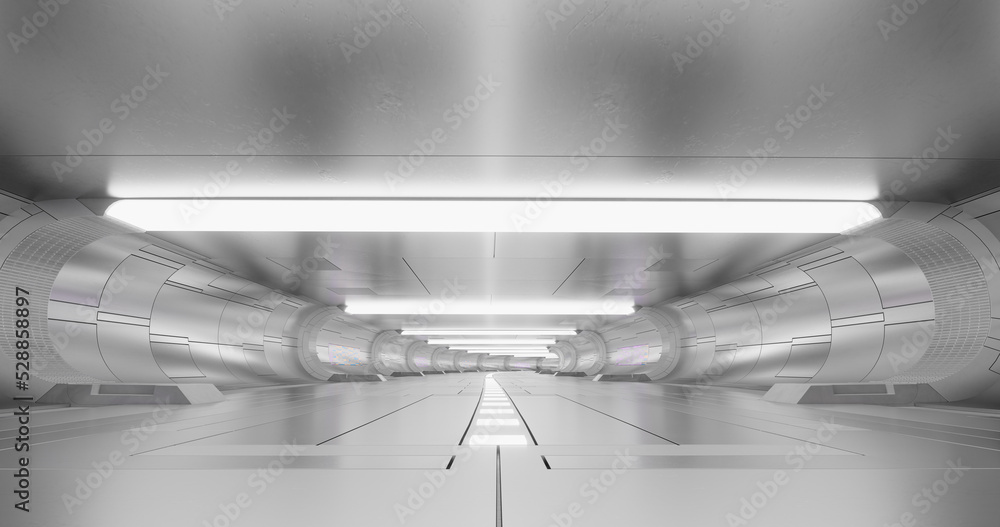 Poster 3d rendering. futuristic sci-fi laboratory or spaceship corridor with neon light.