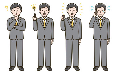 スーツを着た男性の表情バリエーションのイラストセット②（肌色ありバージョン）