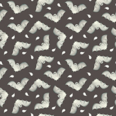 Seamless pattern of bats for Halloween on a dark background, watercolor. Decoration for the autumn holiday. Mystical, fabulous, fun style. Bright background for packaging, textiles