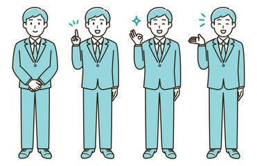 男性の表情バリエーションのイラストセット（水色バージョン）