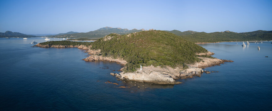 Panorama of the rocky shores of the island of Sardinia in Italy, aerial view. Aerial panorama of Grotta dei Cinghiali, Sardinia. Aerial view of coastline of Sardinia beach, Italy.