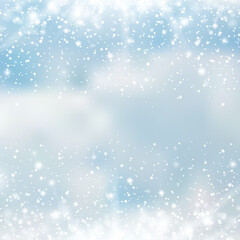 Fototapeta premium Winter snowfall and snowflakes on light blue background. Xmas and New Year background. Vector