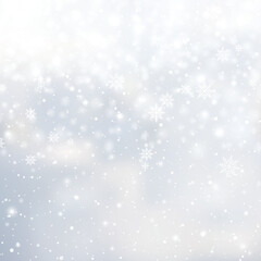 Naklejka na ściany i meble Winter snowfall and snowflakes on light blue background. Xmas and New Year background. Vector