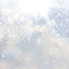 Winter snowfall and snowflakes on light blue background. Xmas and New Year background. Vector