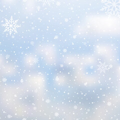 Winter snowfall and snowflakes on light blue background. Xmas and New Year background. Vector