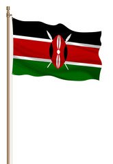 3D Flag of Kenya on a pillar blown away isolated on a white background.