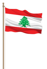 3D Flag of Lebanon on a pillar blown away isolated on a white background.