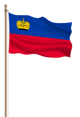 3D Flag of Liechtenstein on a pillar blown away isolated on a white background.