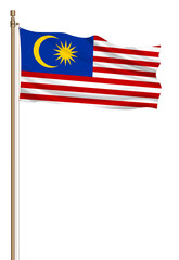 3D Flag of Malaysia on a pillar blown away isolated on a white background.
