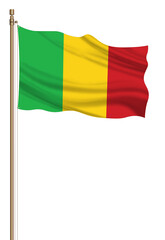 3D Flag of Mali on a pillar blown away isolated on a white background.