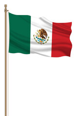 3D Flag of Mexico on a pillar blown away isolated on a white background.