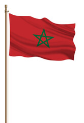 3D Flag of Morocco on a pillar blown away isolated on a white background.