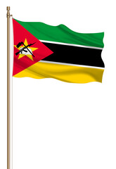 3D Flag of Mozambique on a pillar blown away isolated on a white background.