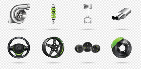 Vector illustration, car parts icons set, realistic 3d