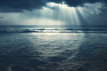 Background bright rays of the sun through dramatic dark clouds over the sea, light on the water. 3d illustration.