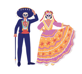 Naklejka premium Mexican traditional costumes semi flat color vector characters. Editable figures. Full body people on white. Dead of dead simple cartoon style illustration for web graphic design and animation