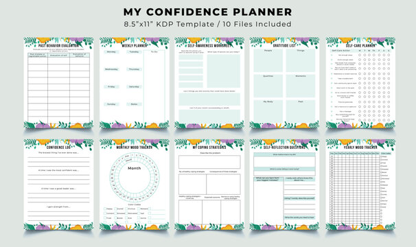 My confidence minimalist diary, daily, monthly, and weekly planner floral pages design collection set of vector template