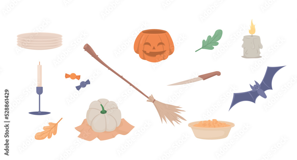 Poster halloween related semi flat color vector objects set. editable elements. full sized item on white. a